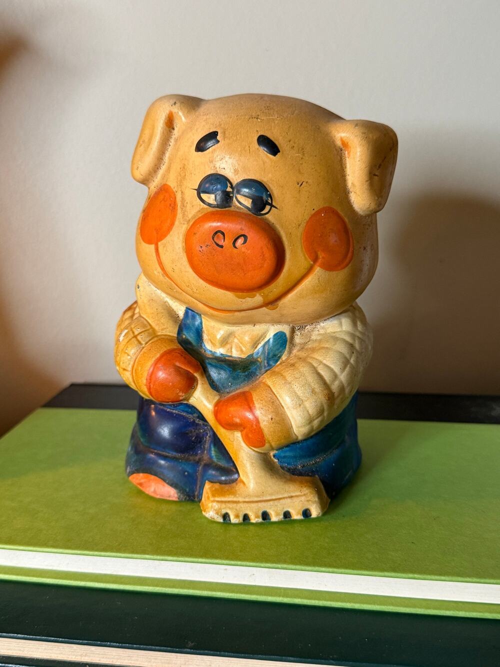 vintage 1970/1980s Enesco ceramic farmer pig piggy bank